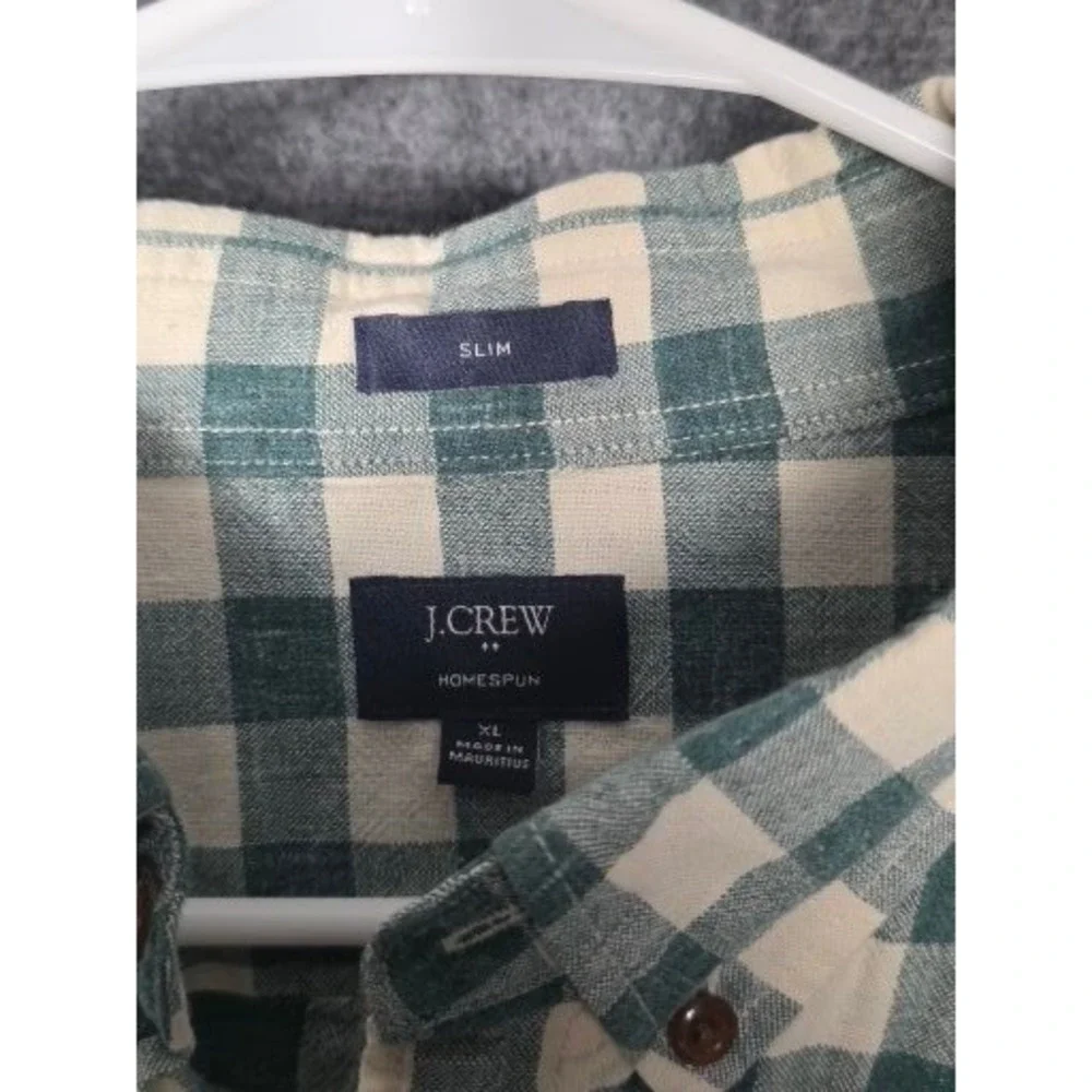 J. Crew Homespun‎ Gingham Button Down Shirt Mens XL Slim Fit Green White Plaid